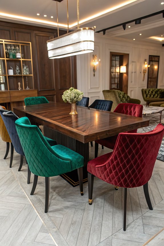 colorful chairs dark table